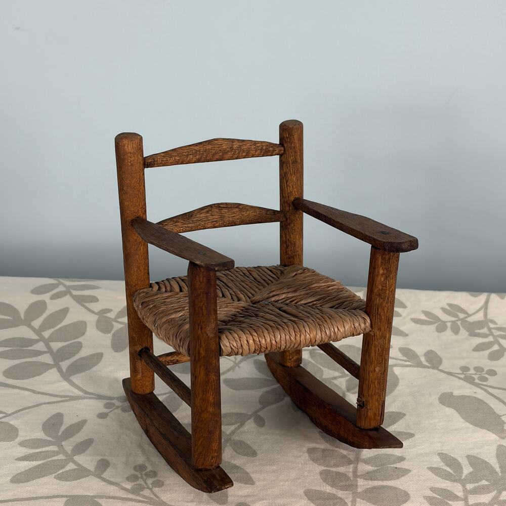 Vintage Miniature Wooden Rocking Chair Rush Seat Primitive Doll Chair Folk Art